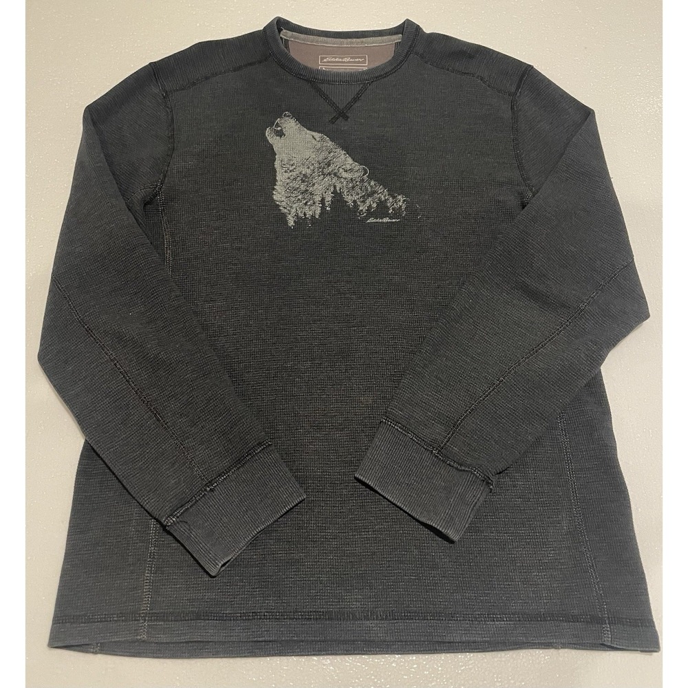 Mens EDDIE BAUER Long Sleeve Thermal Shirt With Howling Wolf - Size Medium